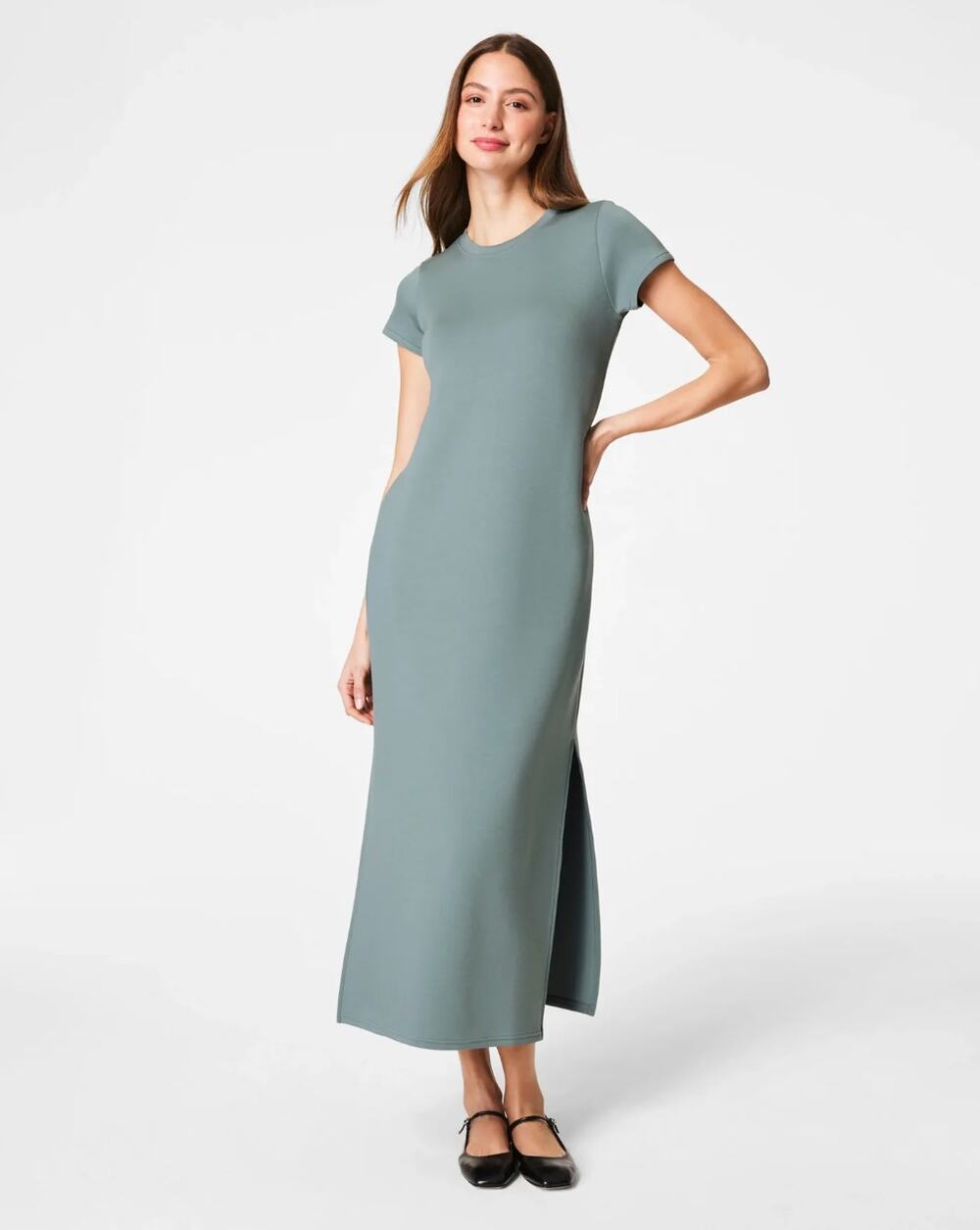 SPANX AirEssentials Maxi Dress Fennel Teal Green Sz L $168 {3M16}